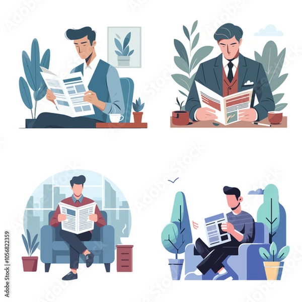 Fototapeta set reading newspaper flat design vector