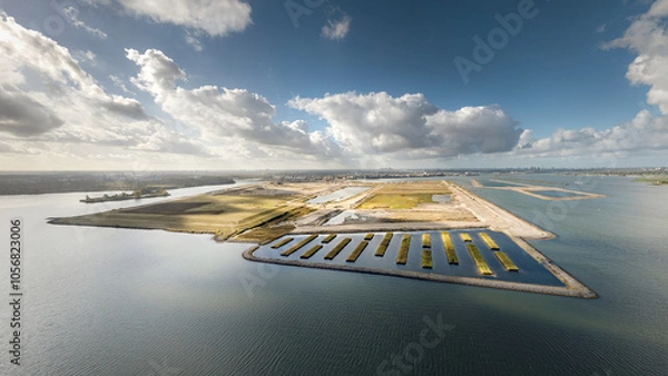 Obraz Amsterdam’s Strandeiland, an artificial island under development in IJburg. This future sustainable housing district features new land, designed for eco-friendly urban living. Aerial panorama. 