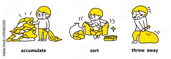Obraz 溜まって整理しきれない洋服を、必要なものを仕分けて、不要なものを捨てるイラスト（パステル）
