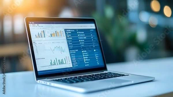 Fototapeta Exploring data visualization trends through interactive dashboards and advanced analytics on modern business laptops