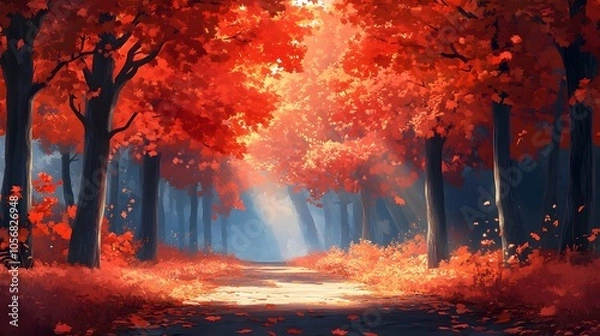 Fototapeta Enchanting Autumn Pathway Through Vibrant Maple Forest Landscape