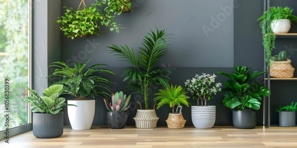 Fototapeta A variety of indoor plants in stylish pots arranged on a wooden floor against a dark wall, creating a modern and fresh interior decor.