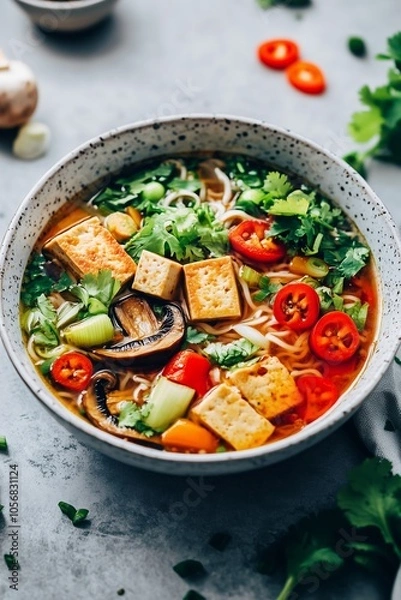 Obraz Freshly prepared vegetable noodle soup with tofu and colorful toppings in a rustic bowl on a textured surface