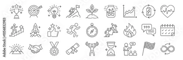 Obraz Motivation line icon set. Vector pictograms of personal growth, goal setting, perseverance, achievement, rocket launching, teamwork, passion, thumbs up thin linear illustration.