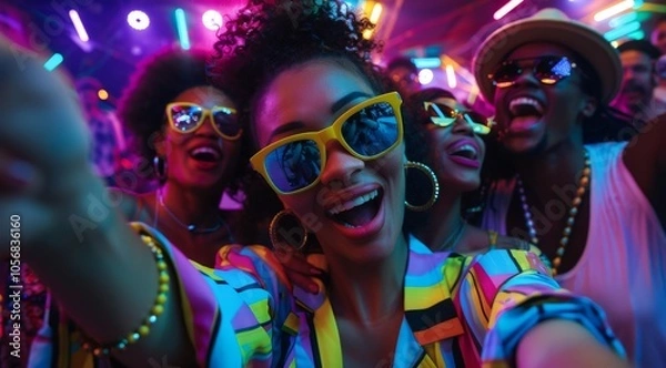 Fototapeta Group of friends taking a selfie at a nightclub, wearing colorful neon outfits and sunglasses, having fun together in nightclub party rave. illuminated neon lights, atmospherl of energy movement.