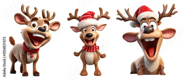 Fototapeta Set of three 3D renderings of cute reindeer with red noses and festive hats, showcasing joyful expressions and playful poses, perfect for holiday themes on transparent background