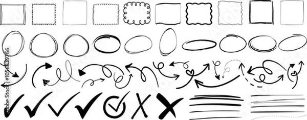 Obraz Hand drawn doodle frame, circle, arrow, check marks, and line vector set for creative designs, presentation, highlight, and decoration. Diverse elements for flexibility in projects, doodle and sketc