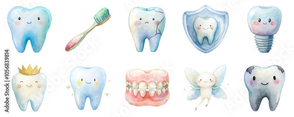 Fototapeta Cute tooth characters and dental elements, watercolor illustration set. Each element isolated on transparent background