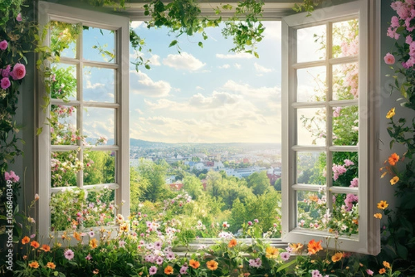Obraz A vibrant window view opens to a lush landscape filled with flowers under a bright sky, inviting nature's beauty indoors.