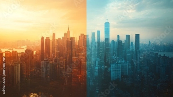 Fototapeta A Dual Perspective of a Modern Cityscape with One Half in Warm Sunset Hues and the Other in Cool Morning Tones