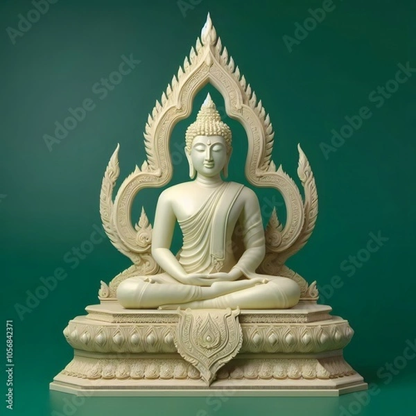 Obraz 3D Buddha with beautiful face in Thai art style, Childhood, Clear, Full body sitting on lotus base, 3D cream plaster, Green background, 3D illustration, Digital art, Realistic