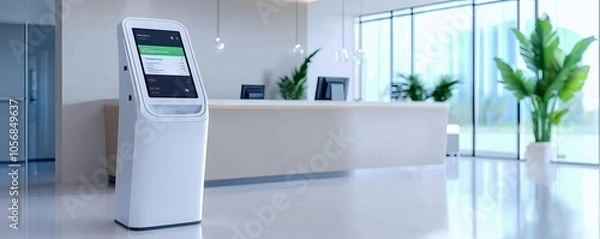 Fototapeta Modern self-service kiosk in a sleek reception area. Ideal for showcasing innovation and convenience in a professional environment.