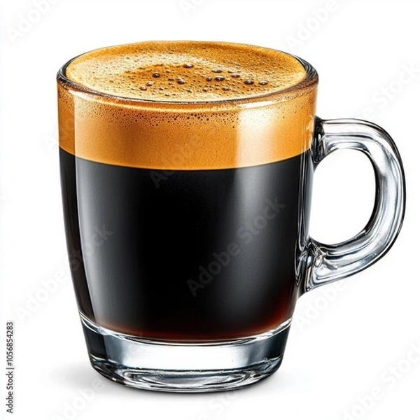 Fototapeta A photostock of a cup of espresso with a layer of crema on a white background, rich and dark.