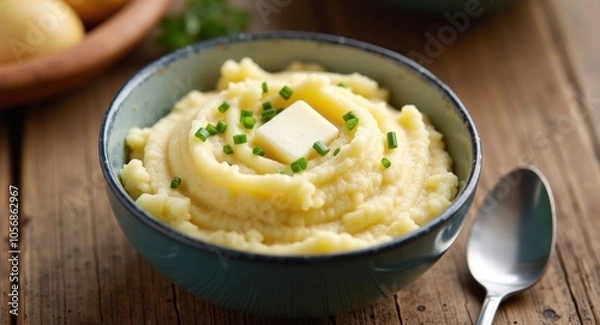 Fototapeta A bowl of creamy mashed potatoes with butter and chives
