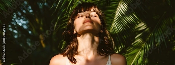 Fototapeta A woman with her eyes closed, smiling and standing in the sunlight of an outdoor setting surrounded by palm trees