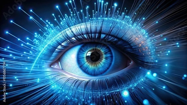 Fototapeta Futuristic blue humanoid eye made of fiber optics, artificial intelligence, next generation, technology, futuristic,