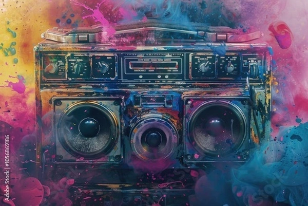 Fototapeta A colorful boombox covered in vibrant paint splatters, perfect for music-themed designs