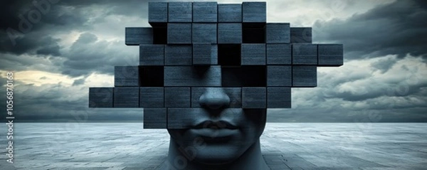Obraz A surreal image of a face made of dark cubes, set against a stormy sky and ocean, symbolizing complexity and fragmented identity.