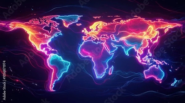 Obraz Abstract neon glowing world map with vibrant stream made of colorful lines 