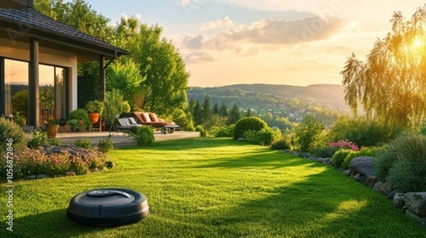 Obraz Robot Lawn Mower in a Beautiful Garden