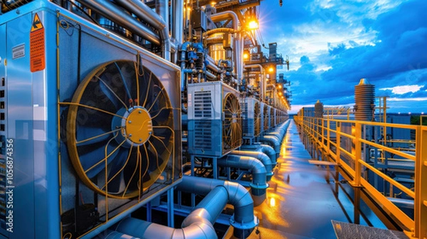 Fototapeta High tech power plant with advanced cooling towers and industrial equipment, showcasing intricate piping and machinery under dramatic sky