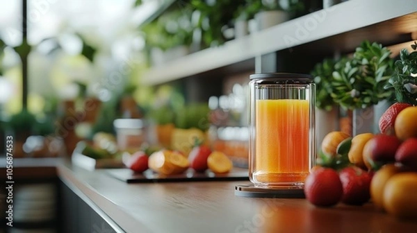 Fototapeta Glass of Orange Juice on a Kitchen Counter with Fruit