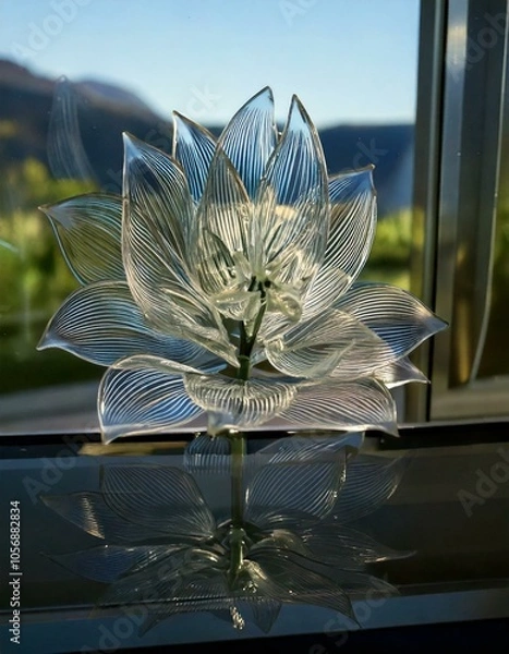 Obraz Reflections: Explore the reflections in the glass flower, both from the window and from the surroundings.