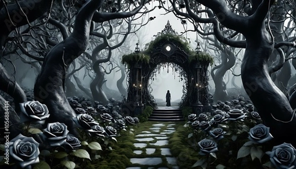 Fototapeta Mysterious Wonderland with Black Roses in Shadowed Forest, Ai generated Images