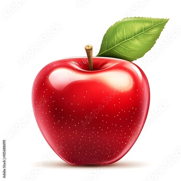 Fototapeta A cartoon red apple with shiny skin and a leaf on a white background.