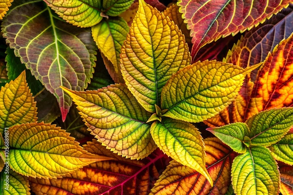 Fototapeta A vibrant collection of colorful leaves showcasing shades of green, yellow, and red, arranged beautifully for a stunning natural display.