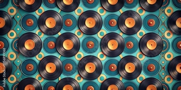 Fototapeta Vinyl records pattern on a retro colored background with peacock blue, tangerine, and almond shades, retro