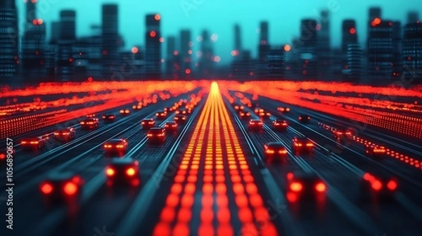 Fototapeta Illuminated urban freeway a glimpse into futuristic city transportation at night with vibrant red lights
