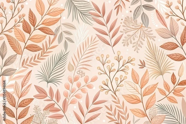 Fototapeta Nature-inspired wallpaper featuring soft pink and peach hues with organic shapes and patterns of leaves and branches, branch motifs, leaf patterns