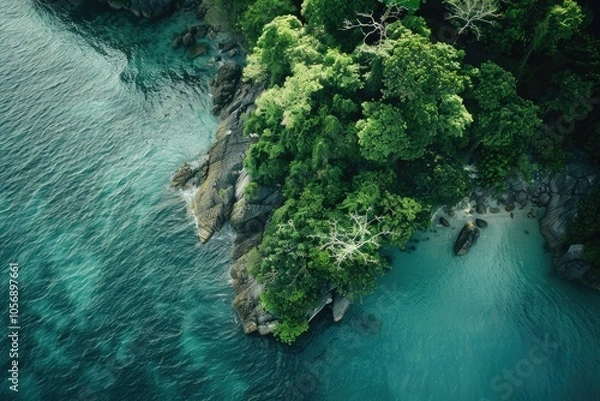 Fototapeta Aerial view of a lake surrounded by trees, suitable for use in travel or nature-themed projects