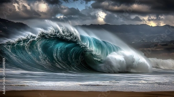 Fototapeta A massive wave, with its towering crest and powerful splash against the dark sky, creates an awe-inspiring scene of nature's grandeur.