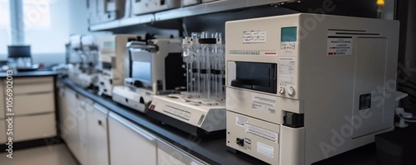 Fototapeta Modern laboratory equipment on a clean bench, featuring advanced analytical devices for scientific research and experimentation.