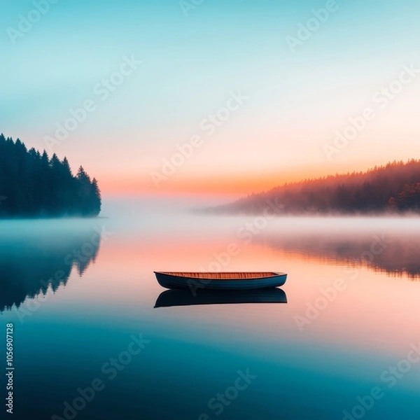 Fototapeta A tranquil scene featuring a lone boat on a misty lake at dawn, surrounded by forests and a colorful sky, Ideal for promoting relaxation, nature, travel, or inspiration in blogs and publications,
