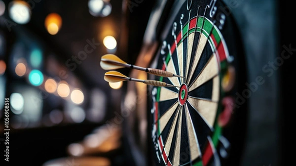 Fototapeta Close-up of a dartboard with two darts hitting the bullseye in a dimly lit environment, featuring a blurred background with colorful bokeh lights.