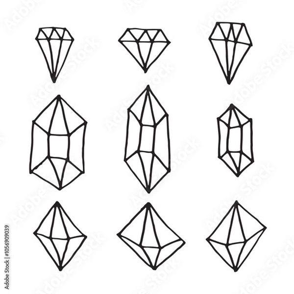 Fototapeta A collection of hand-drawn geometric gemstone designs displayed on a white background. Ideal for jewelry design, art projects, or creative inspiration showcasing unique gem shapes and artistry.