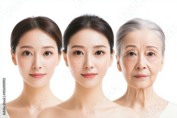 Fototapeta Three generations of women showcasing beauty and aging against a white background in a serene portrait