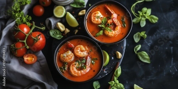 Fototapeta Delicious shrimp soup with tomatoes and fresh herbs served in black bowls on a dark surface with garnishes and lime