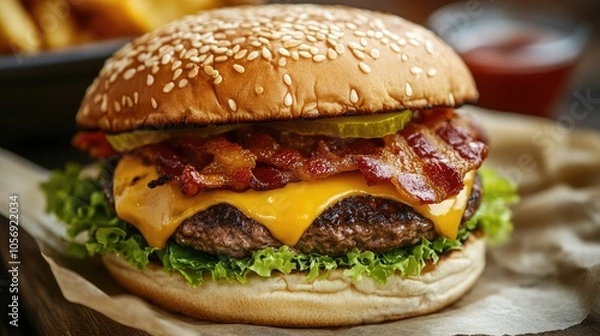 Fototapeta A mouthwatering cheeseburger featuring fresh lettuce crispy bacon and gooey melted cheese all nestled in a sesame seed bun