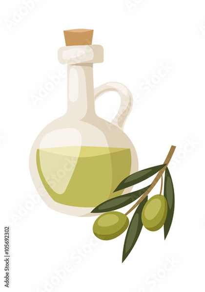 Fototapeta Glass bottle of premium virgin olive oil and some olives with leaves isolated on a white background. 