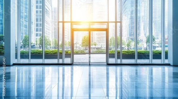 Obraz Modern Corporate Lobby with Glass Windows and Steel Beams