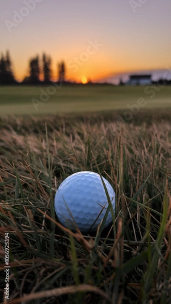 Fototapeta A close-up of a golf ball in rough grass, with a colorful sunrise in the background. in the rough