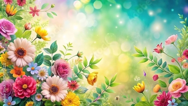 Fototapeta Whimsical floral design featuring a mix of colorful flowers and leaves, set against a soft and dreamy background, soft colors, floral arrangement, colorful flowers