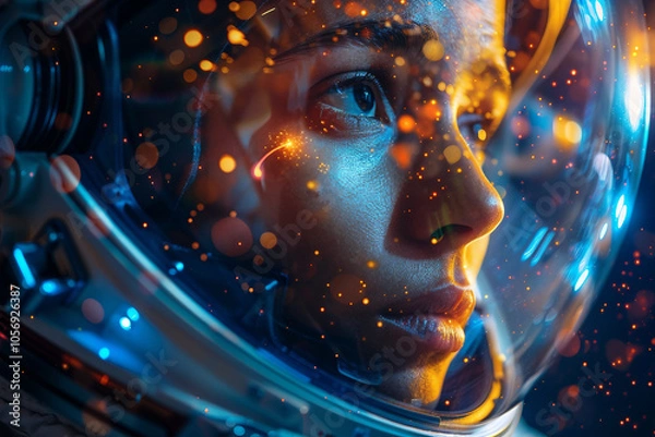 Obraz Glamorous astronaut in space with moon reflection on helmet, fantasy artwork in a pink cosmic retro scene, Generative AI