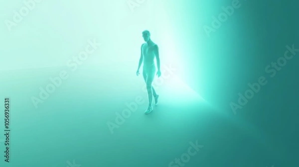 Fototapeta A serene humanoid figure walks through a soft, glowing space, embodying tranquility and exploration in a dreamlike environment.