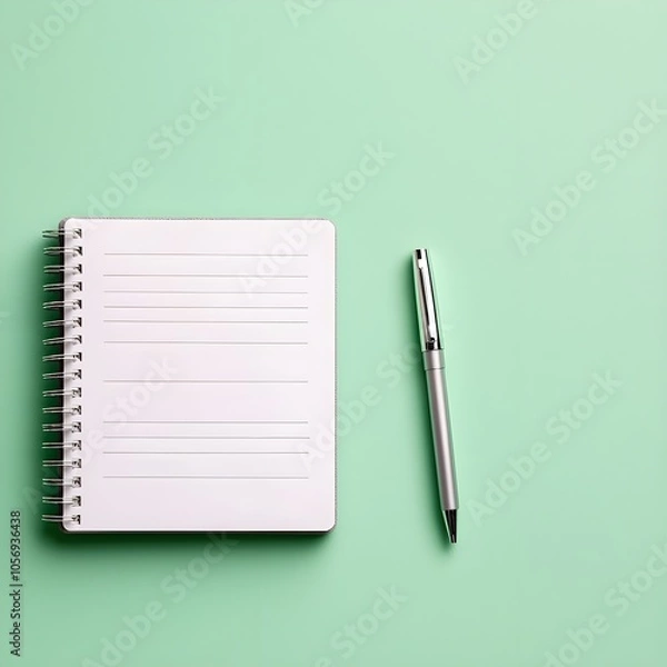 Fototapeta Blank notebook and pen on a mint green background