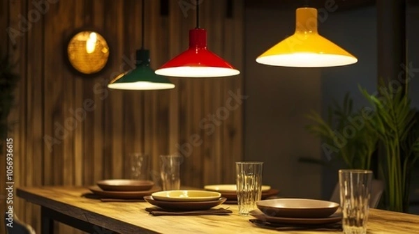 Fototapeta Three pendant lamps in bold colors illuminate a simple, wooden dining table adorned with plates and glasses for a cozy meal.
